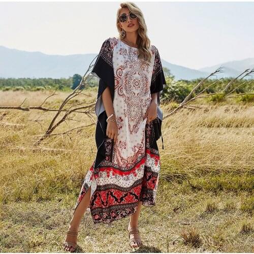 Fridayin Summer Casual Womens Bohemian O-Neck Flower Print Loose Maxi Dress Half Sleeve Fashion Vestidos