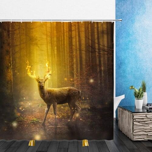 Dream Flowers Elk Forest Natural Scenery Shower Curtain Waterproof Bath Curtains Bathroom Home Bathtub Bathing With 12 pcs Hook