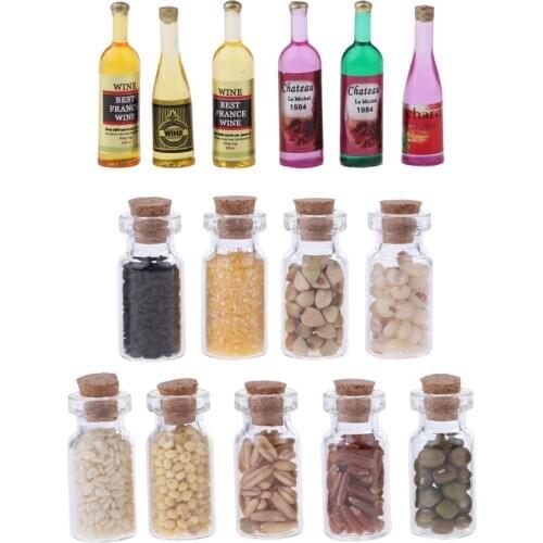 1/12 Dollhouse Kitchen Glass Jar with Dried Food Decor & Wine Bottles Model