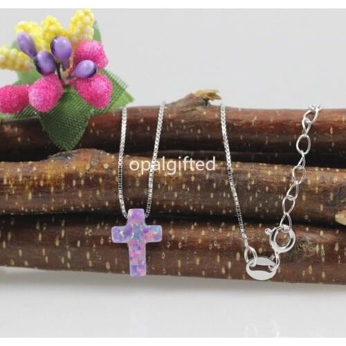 Fashion 925 Silver Box Chain Opal Necklace Synthetic OP38 Purple Cross Opal Necklace 9x12mm Opal Cross Pendant Necklace Jewelry