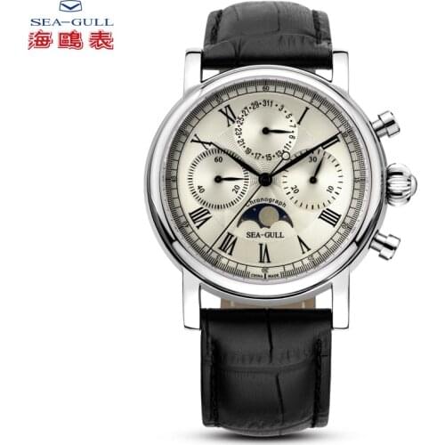 2021 New Seagull Watch Mens Sports Casual Chronograph Mens Multifunctional Belt Waterproof Moon Phase Mechanical Watch M199S