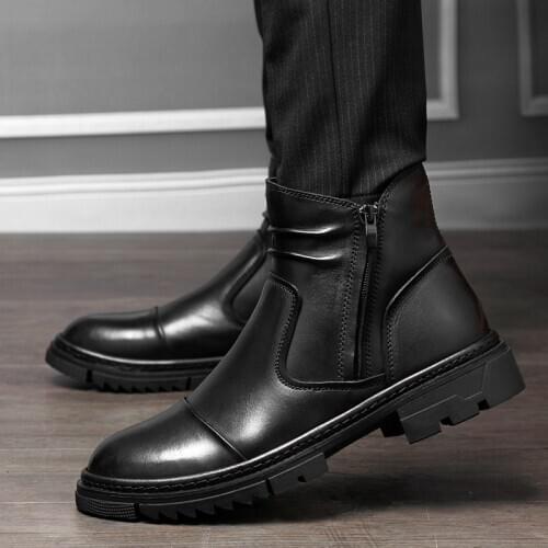 EMOSEWA Winter Boots for Men Chelsea Boots Pointed Toe Zip Business Male Sewing Solid Vintage Short Boots Warm Plush Casual Shoe