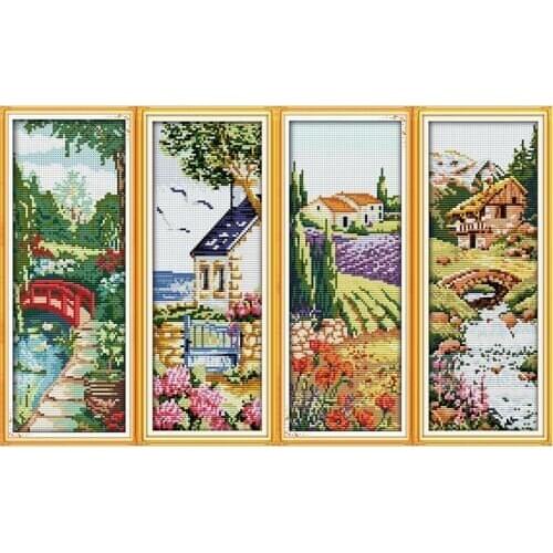 Beautiful four seasons scenery, cross stitch set, DMC cross stitch, 14ct count embroidery set, needlework, DIY hand embroidery
