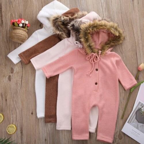 Newborn Infant Baby Girl Boy Toddler Clothes Fuzzy Hooded Knitting Rompers Solid Jumpsuit Long Sleeve Autumn Winter Warm Outfits