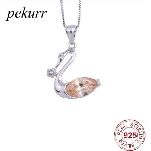 Pekurr 925 Sterling Silver Citrine Crystal Swan Necklaces For Women Elegant Animal Swan Pendants Wedding Fashion Jewelry Gift