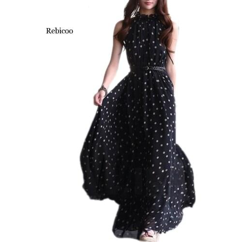 Summer Polka Dots Dress Boho Long Maxi Chiffon Dress Empire Halter Sleeveless Casual Dresses Plus Size beach Long Dress vestidos