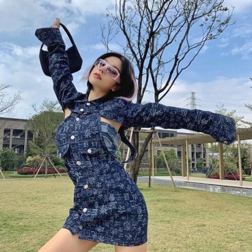 Hot Girls Long Sleeve Denim Dress hollow out Chinese Printing Personality Punk Mini Vestido Dresses Women