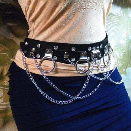 Harajuku Unisex Men Women Wide Waist Belts PU Circle Punk Gothic Chain Link Metal Strap Fashion Punk Belt