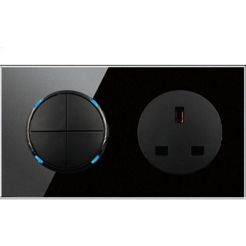 146 Type 4 gang 2 way UK switch Crystal Tempered Pure Glass Panel 13a Double Eu Standard Wall Power Socket Grounded black