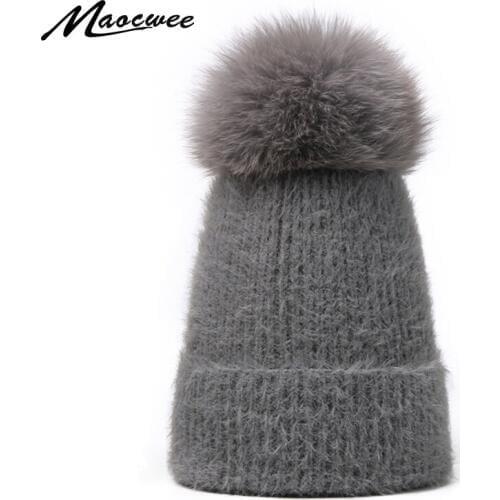 Hat scarf suit winter adult fox pompon Hedging capscarf men and women solid color soft crochet rabbit fur scarf cap
