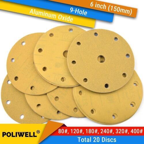 20PCS 6 Inch(150mm) 9-Hole 80#-400# Grit Hook & Loop Sanding Discs for Yellow Dry Sanding Round Abrasive Flocking Sandpaper