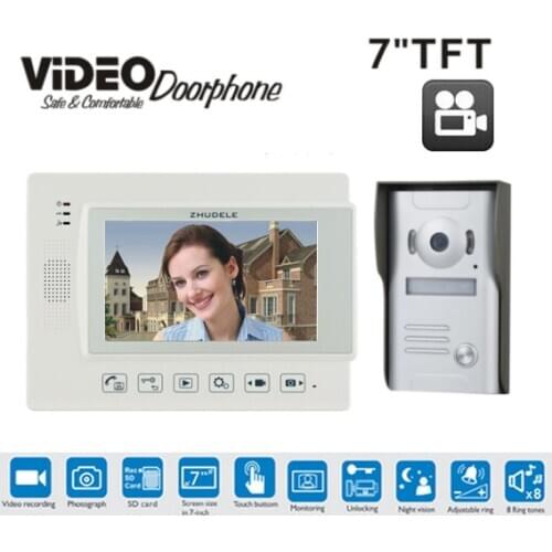ZHUDELENew 7" Color Recording Screen Video Door Phone Intercom System + Night Vision Door Camera + 1White Monitor + 4GB SD Card