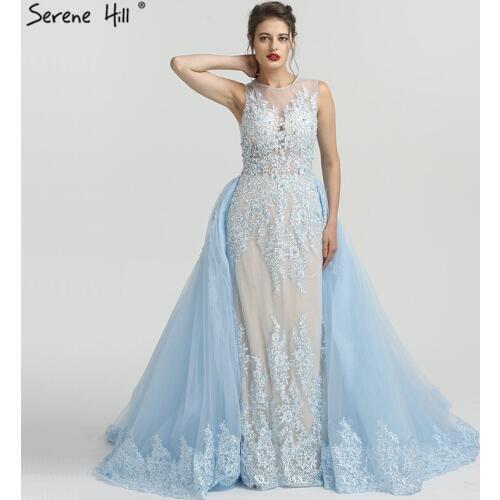 Vintage Sky Blue Sheer Sexy Evening Dresses 2020 Appliques Sequined Beading Fashion With Train Formal Evening Gown BLA6583