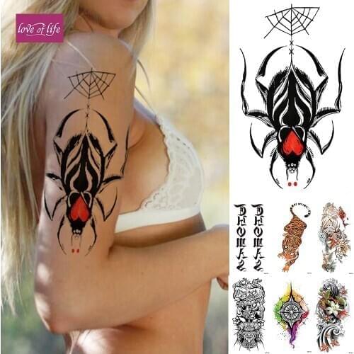 1PCS Waterproof Temporary Tattoo Sticker Red Heart Spider Flash Tattoos Sanskrit Tiger Flower Body Art Arm Fake Tatoo Women Men
