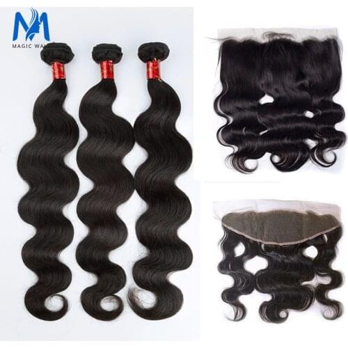 Magic Wave 10A Peruvian Hair Body Wave Bundles With Lace Closure 3 4 Thick Bundles With 13x4 Frontal Virgin Hair Extensions