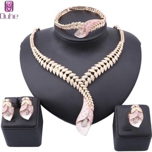 Women Wedding Party Crystal Necklace Bangle Ring Earring Gold Color Statement Accessories Jewelry Set