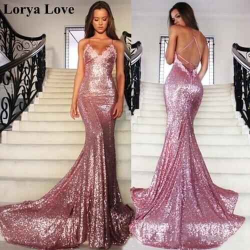 Sequins Pink Mermaid Formal Evening Dresses 2020 Sparkle Robe De Soiree Sequins V-Neck Prom Gowns Long Sexy Shiny Maxi Dresses