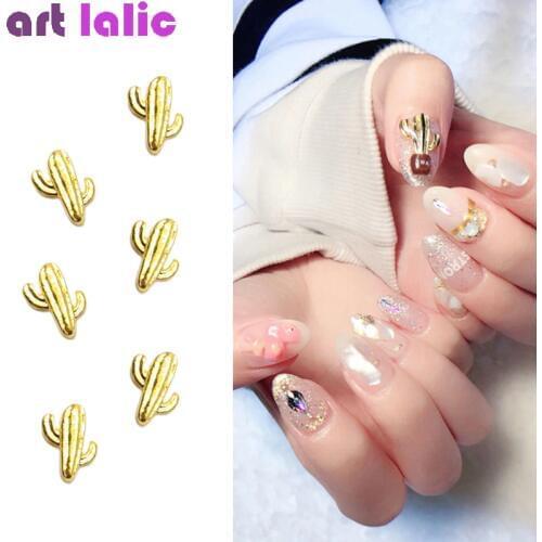 10Pcs 3D Metal Cactus Nail Art Decoration Gold Stud Charms Tools Alloy UV Gel Nail Polish Tips Stickers Accessories