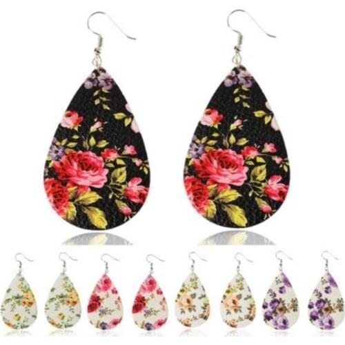 2018 New Spring Printed Rose Flower Leather Earrings for Dropshipping