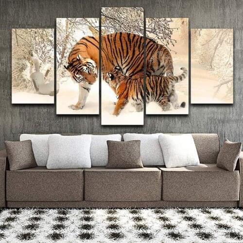 5 pieces Snow Forest Tigers HD Printed Canvas Modular Pictures Poster Animal Wall Art Painting Living Room Home Decor