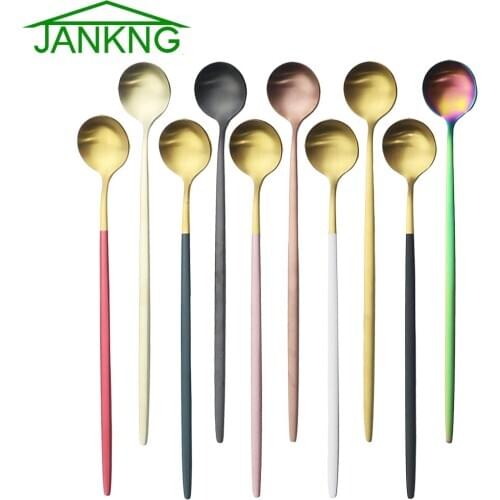 6Pcs Matte Long Hangdle Spoon For Polished Stirring Drink Dessert Ice Cream Spoon Cutlery Flatware Steainless Steel Tableware