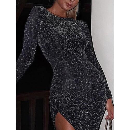 Glitter long dress Women side slit long sleeve bodycon dresses Sexy party dress nightclub wear Glittering black vestidos autumn