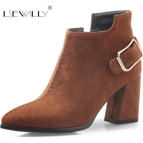 Lsewilly ankle boots for women shoes thick heel pointed toe buckle shoes autumn winter boots fashion simple high heels S665