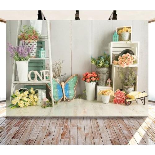 Potted Lavender Rose Butterfly Ladder Backdrops Photo Background Decorations for Kids Birthday Party Photography Photocall