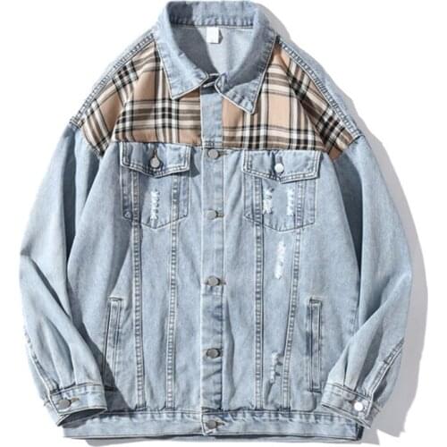 Plaid Patch Designs Denim Jacket for Men Brand Fashion Casual Coat Frayed Hole Outwear Street Spring And Autumn Loose Outerwear