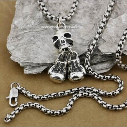 LINSION 925 Sterling Silver Boxing Gloves Skeleton Skull Pendant Mens Biker Rock Punk Pendant 9E004