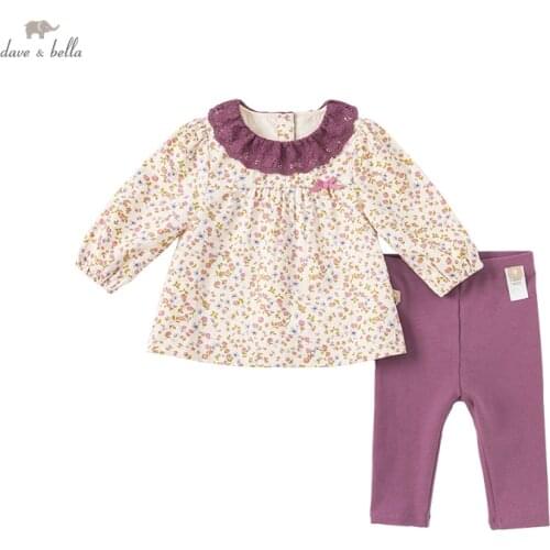 DBJ19262 dave bella autumn baby girls fashion bow floral print clothing sets kids girl cute sets children 2pcs suit