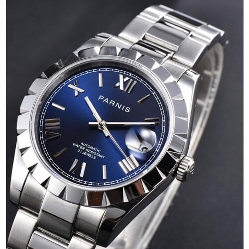PARNIS 39.5mm Luxury Men Watch Automatic Movement Steel Band Date Window 21 Jewels MIYOTA Movement