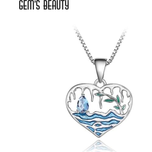 GEMS BEAUTY 925 Sterling Silver Heart Necklace Natural Pear Cut Swiss Blue Topaz Handmade Necklace For Women Romantic Gift