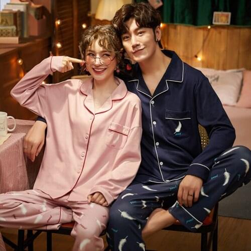 Korean Fashion Feather Pattern Couple Pajamas Sets Winter Cotton Long Sleeve Homewear Loose Turn-down Collar Men Women Sleepwear