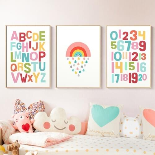 Gender Neutral Wall Art Alphabet Nursery Print Rainbow Poster Kawaii Canvas Painting Decoration Wall Pictures Girls Room Decor