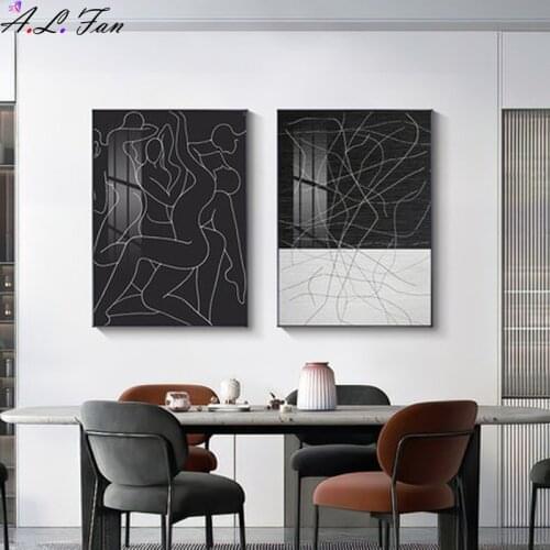 Simple black and white geometric stripes art print on canvas and modern minimalist poster lines painting pictures home wall deco