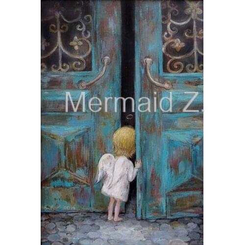 Hand Painted a angel boy open the door oil painting on Canvens painting modern living room Home Decoration Fine Art