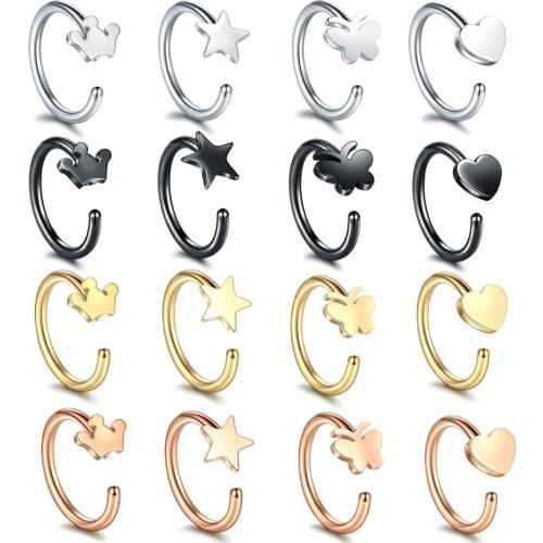 1PC 316L Surgical Steel Nose Ring Hoop Heart Daith Helix Ear Cartilage Rook Piercing Tragus Crown Star Design Earrings Jewelry