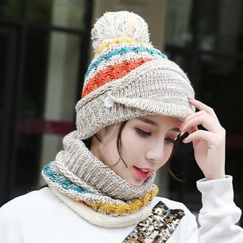 Beanie Hat Scarf Face Mask Set Knitted Headwear Women Cap Neck Girls Warmer Winter Outdoor Skiing Cap Neck Face Cover