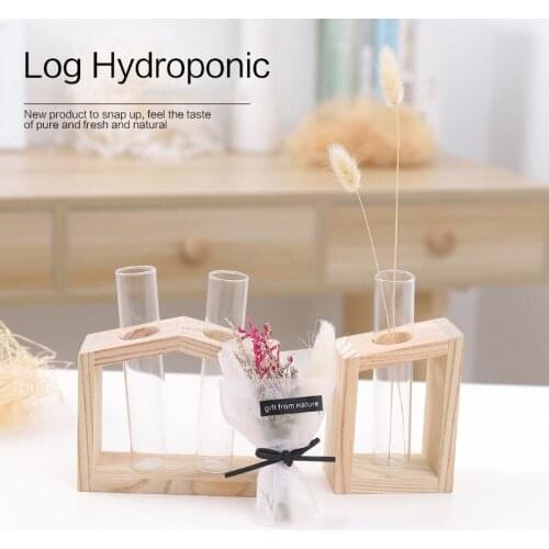 American pastoral style Glass Test Tube Vase in Wooden Stand Flower Pots For Hydroponic Plants For Home Garden Decoration