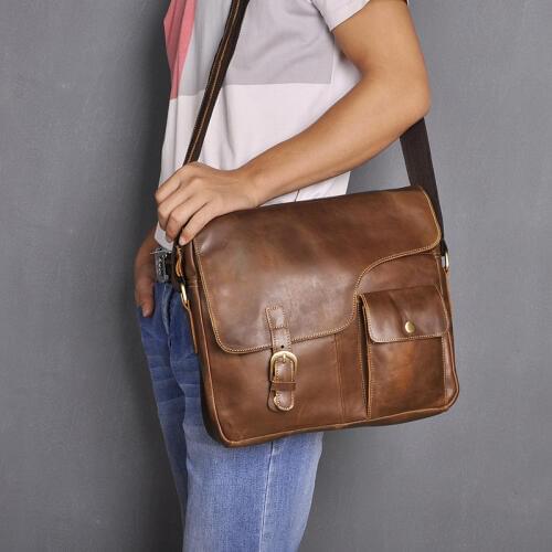 Real Leather Men Fashion Casual 12" Laptop One Shoulder Bag Designer Messenger Crossbody Bag Student School A4 Book Bag 2089