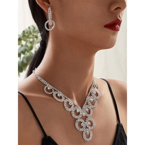 Bridal Round Circle Crystal Pendant Necklaces & Earring Sets for Women Full Rhinestone Wedding Banquet Party Jewelry Set Gift