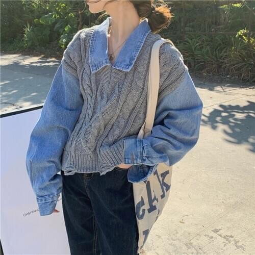 Fake Two Piece Denim Patchwork Sweater Loose Retro Broken Hole Lapel Twist Knitted Sweaters Spring 2021 Women