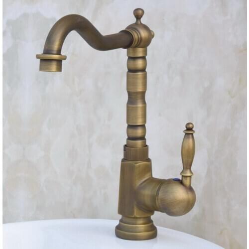 Vintage Antique Brass Square Style Single Handle Swivel Spout Kitchen Sink Faucet Cold & Hot Mixer Tap aan017