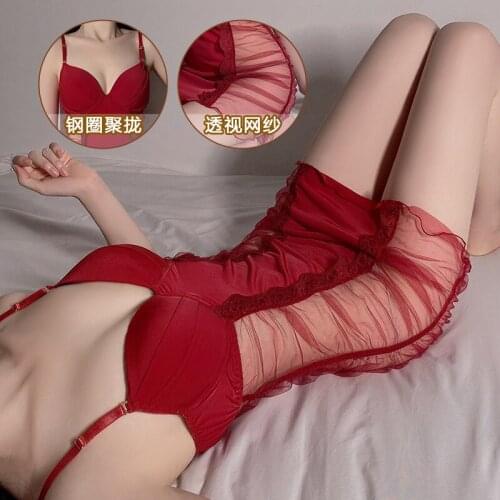 Womens Lace braces skirt nightdress backless Nightgown seduction Sleepshirts home clothing Perspective Chiffon Sexy lingerie