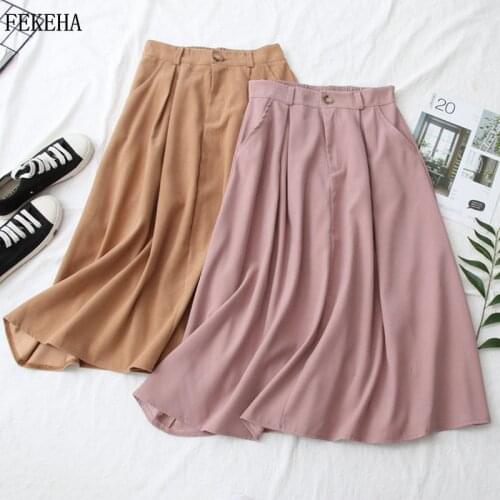 Autumn News Midi Skirts Women Elastic Waist Solid A-Line Pleated Skirts Black Pink