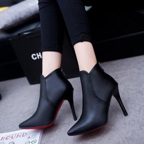 Women Bare Boots High Heels Dress Shoes Pointed Toe Boots Black Red Botas Mujer Thin Heels Pumps Woman Shoes Ankle Boots