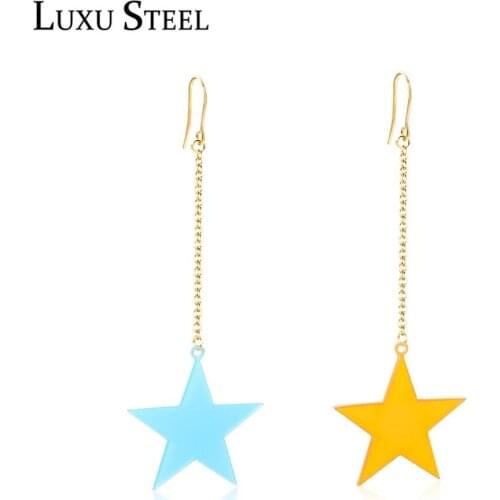 LUXUSTEEL Female 2020 Acrylic Blue Yellow Color Star Long Gold Hoop Drop Earring Fashion Jewelry Stainless Steel Chain Earrings