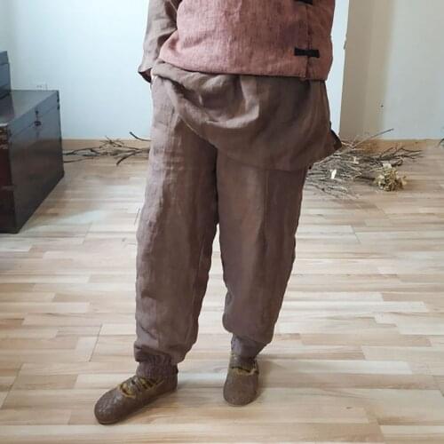 Women Loose Linen Solid Color Elastic Waist Padded Pants Ladies Vintage Cotton Linen Trousers Female 2020 Winter Thick Pants