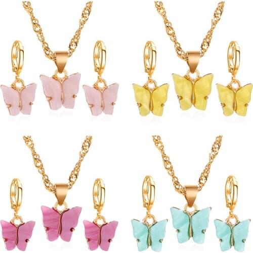 Acrylic Yellow Black Purple White Pink Blue Butterfly Alloy Golden Necklace Drop Earrings Dangle Earrings Jewelry Sets for Women